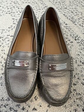 Coach Metallic Pewter Leather Penny Loafers